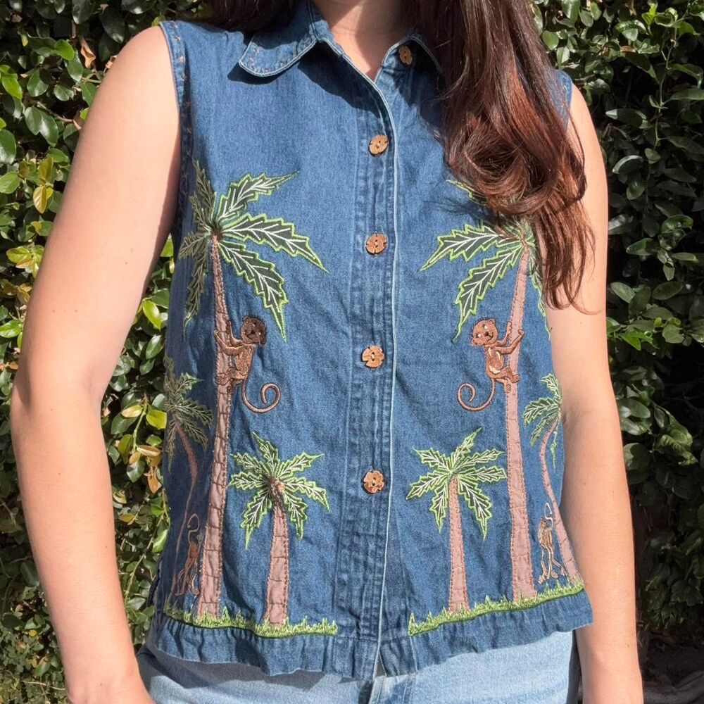 Vintage Sleeveless Embroidered Monkey Palm Tree Denim Sleeveless Shirt Vest